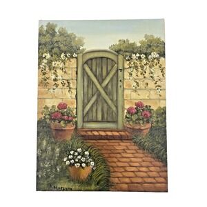 Vintage Oil‎ Painting on Artist Board Garden Gate 9" x 12" Signed